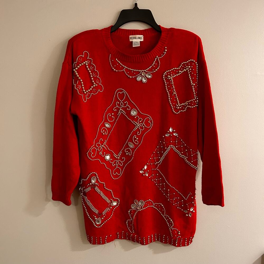 Vintage Red Gold Beaded Jeweled Victoria Jones Holiday Sweater Size Small
